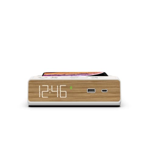 Reloj Despertador NonStop Station W con Carga Inalámbrica Qi, Nogal Cálido y Topo Ligero